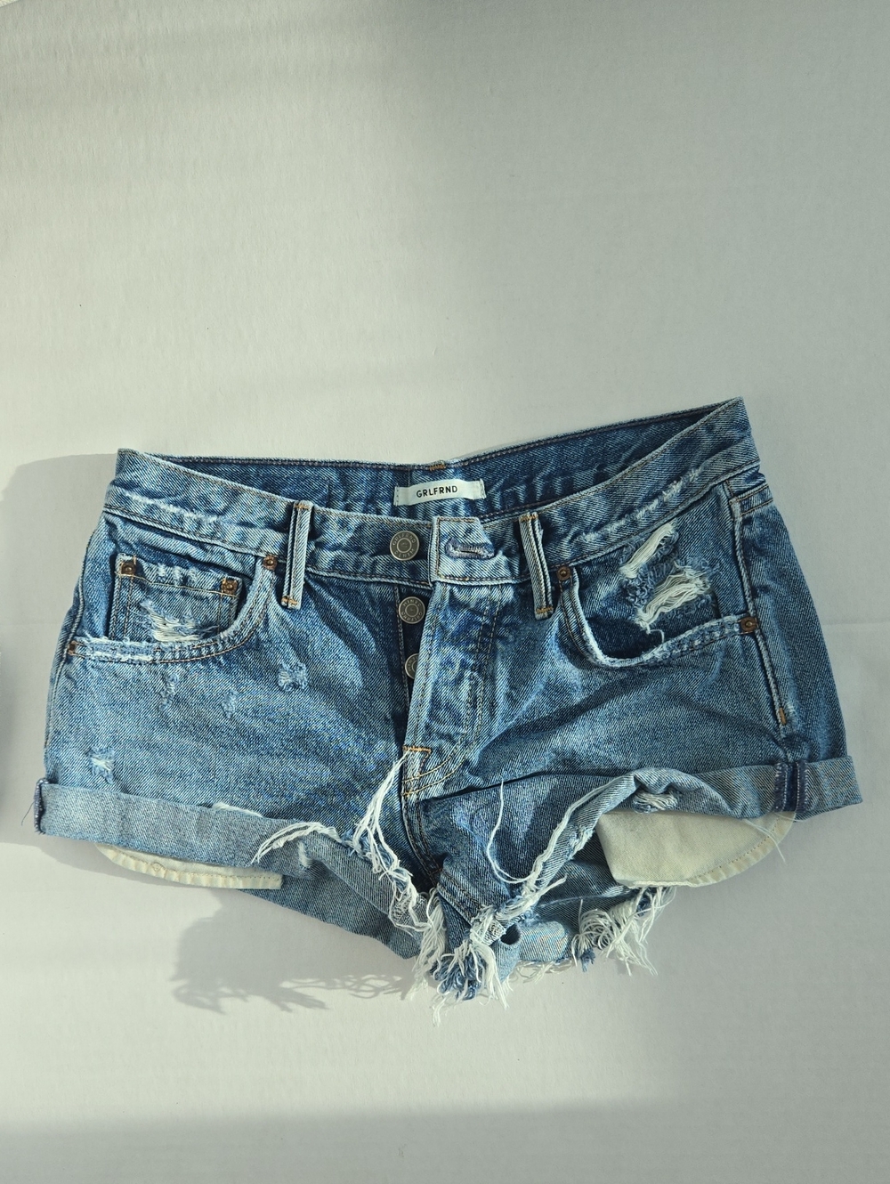 GRLFRND Light Blue Distressed Denim Cutoff Shorts